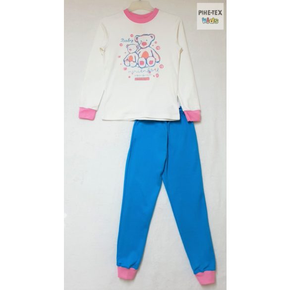 Bembi 2 részes lány pizsama szett, türkizkék-fehér-rózsaszín, maci mintával (PG39)