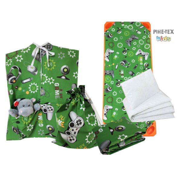 Gamer zöld 5 részes ovis kezdőcsomag (2 részes fehér, ovis huzat, ovis zsák, tornazsák, óvodai derékalj) + ajándék ovis törölköző
