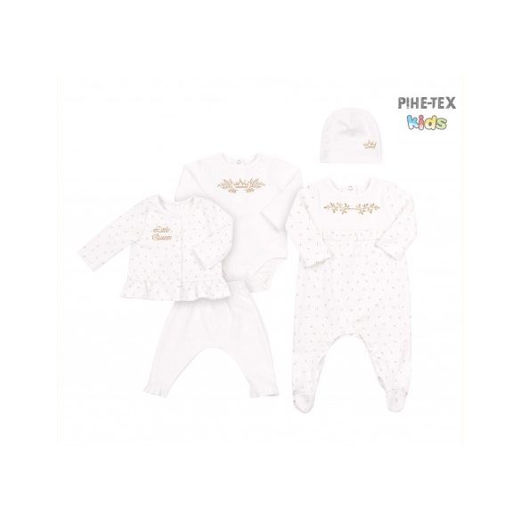 Bembi Díszdobozos újszülött kislány 5 részes szett fehér,arany csillógó mintával-felirattal (KP237)