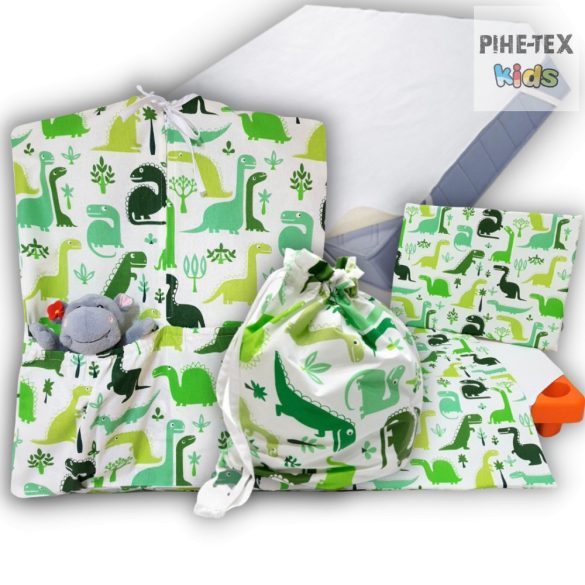 Dinópark zöld, 4 részes ovis kezdőcsomag (2 részes mintás, ovis zsák, tornazsák, vízhatlan matracvédő lepedő) + ajándék ovis törölköző