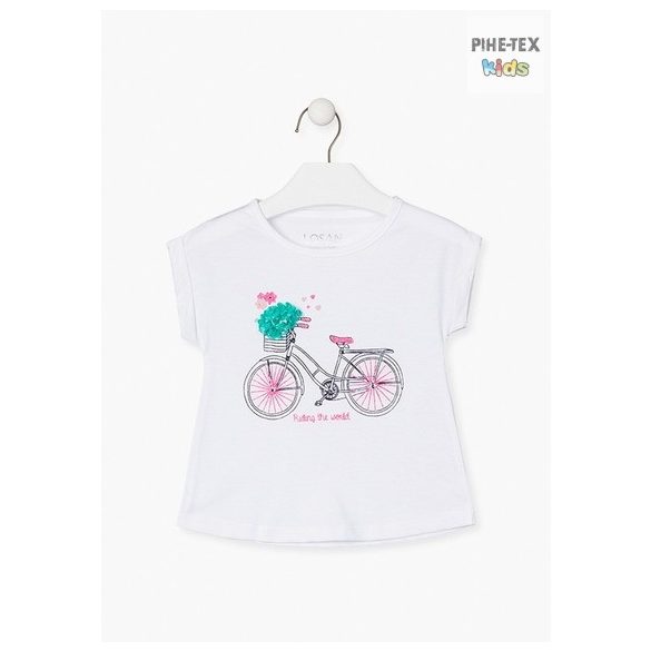 Losan fehér, kislány, rövid ujjú póló, bicikli mintával (016-1200AL) 