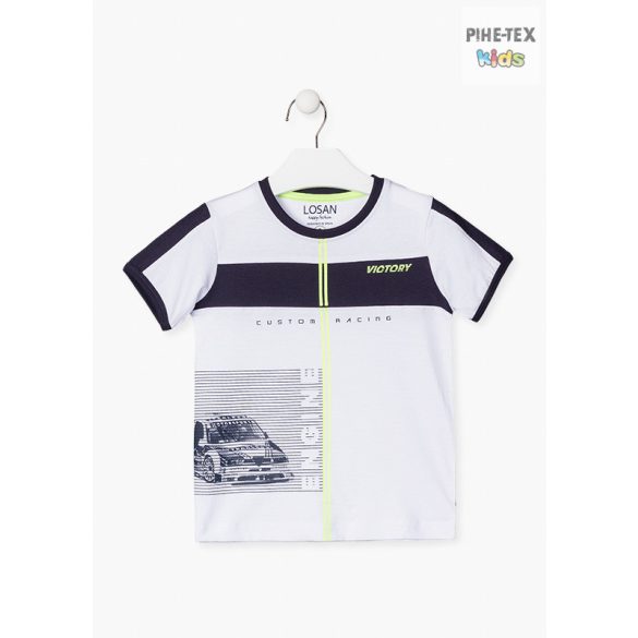 Losan fiú fehér-sötétkék, rövid ujjú póló, nyomott autó mintával (015-1020AL)