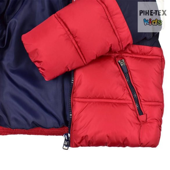 iDO fiú, piros-fehér-sötétkék, levehető kapucnis, steppelt kabát (K800/00-3885)