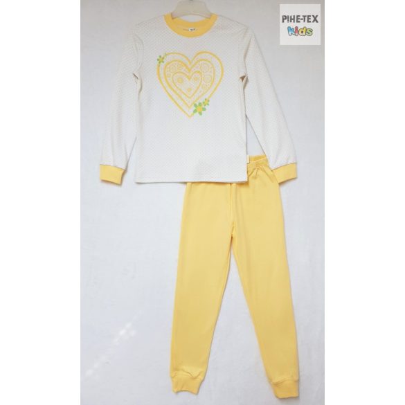 Bembi 2 részes lány pizsama szett, sárga-fehér, szívecske mintával (PG39)