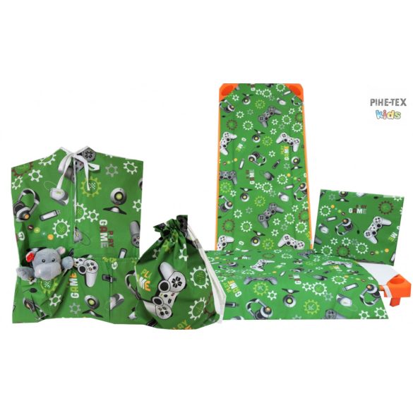 Gamer zöld 4 részes ovis kezdőcsomag (597/Z) (2 részes töltet nélküli ágynemű szett, ovis zsák, tornazsák, óvodai derékalj) + ajándék ovis törölköző